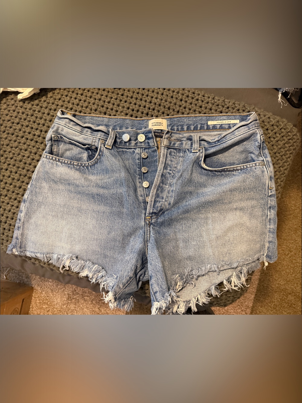 Citizens of Humanity- Annabelle long Light Wash Frayed Hem Denim Shorts